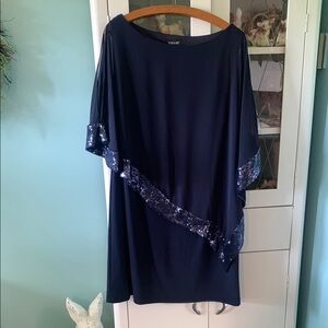 Xscape sz 14W Blue Asymmetrical Sequin Trim Dress Open Sleeve Drape Overlay EUC